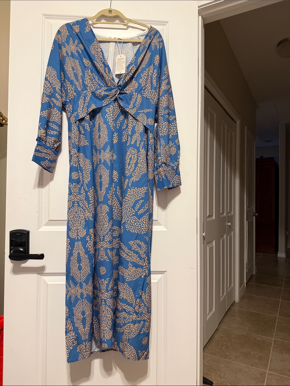 Blue Floral Knot-Front Long Sleeve Midi Dress